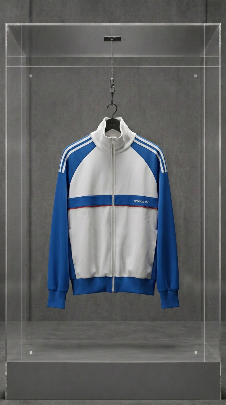 Jaqueta Adidas Originals vintage branca com mangas azuis, vista frontal, pendurada em vitrine de acrílico