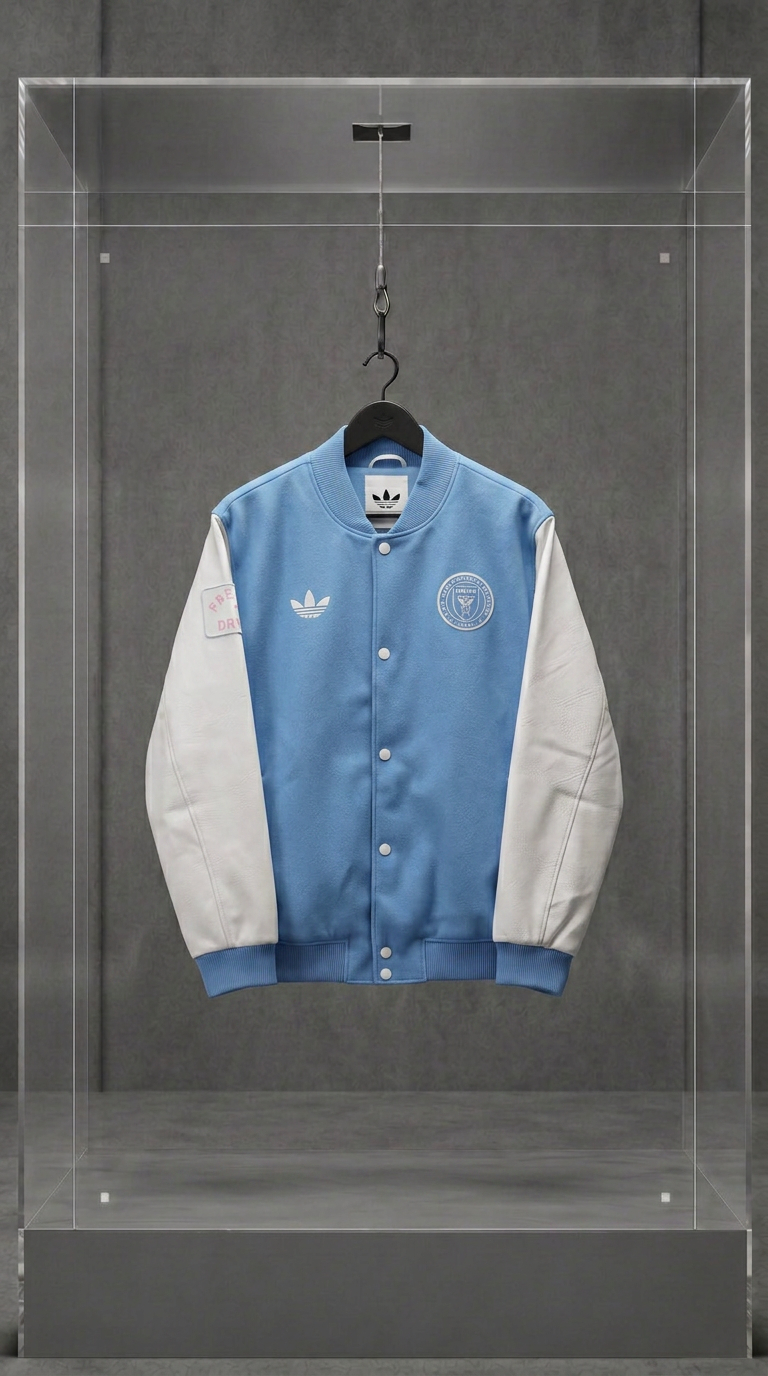 Jaqueta varsity Adidas x Inter Miami azul-clara com mangas creme, vista frontal, em vitrine de acrílico