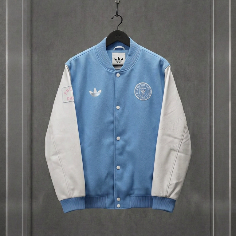 Jaqueta varsity Adidas x Inter Miami azul-clara com mangas creme, vista frontal, em vitrine de acrílico