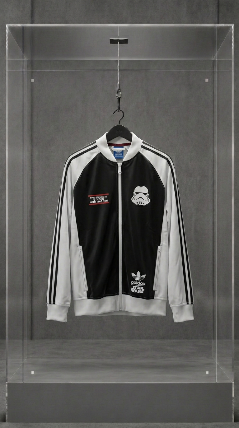 Jaqueta Adidas Originals x Star Wars preta com mangas brancas e estampa de Stormtrooper, em vitrine de acrílico