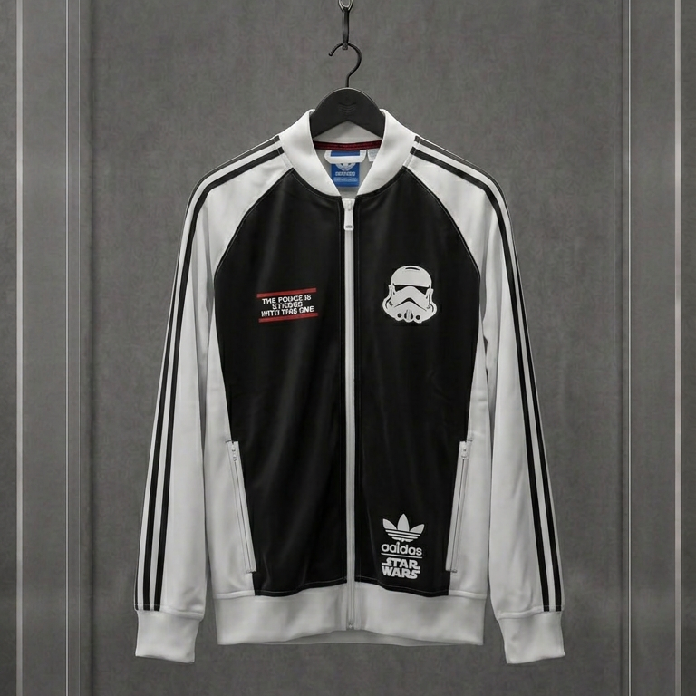 Jaqueta Adidas Originals x Star Wars preta com mangas brancas e estampa de Stormtrooper, em vitrine de acrílico