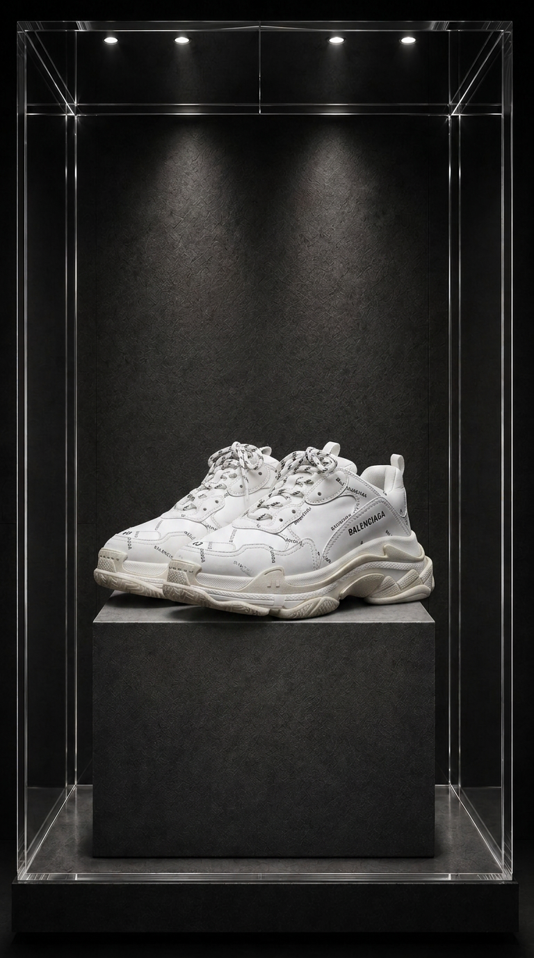 Tênis Balenciaga Triple S branco sobre pedestal, em vitrine de acrílico iluminada