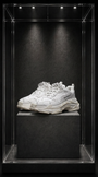 Tênis Balenciaga Triple S branco sobre pedestal, em vitrine de acrílico iluminada
