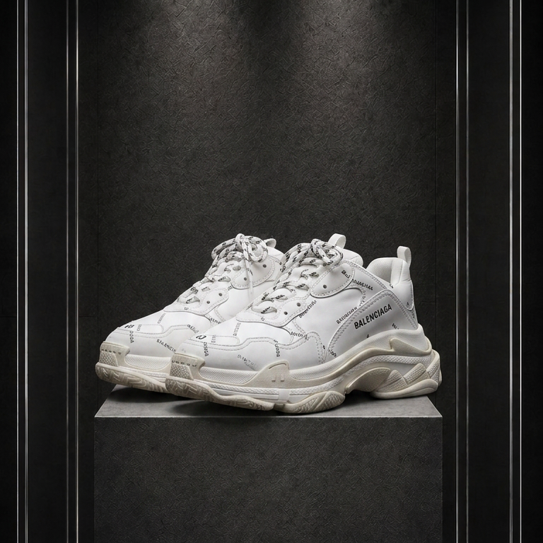 Tênis Balenciaga Triple S branco sobre pedestal, em vitrine de acrílico iluminada