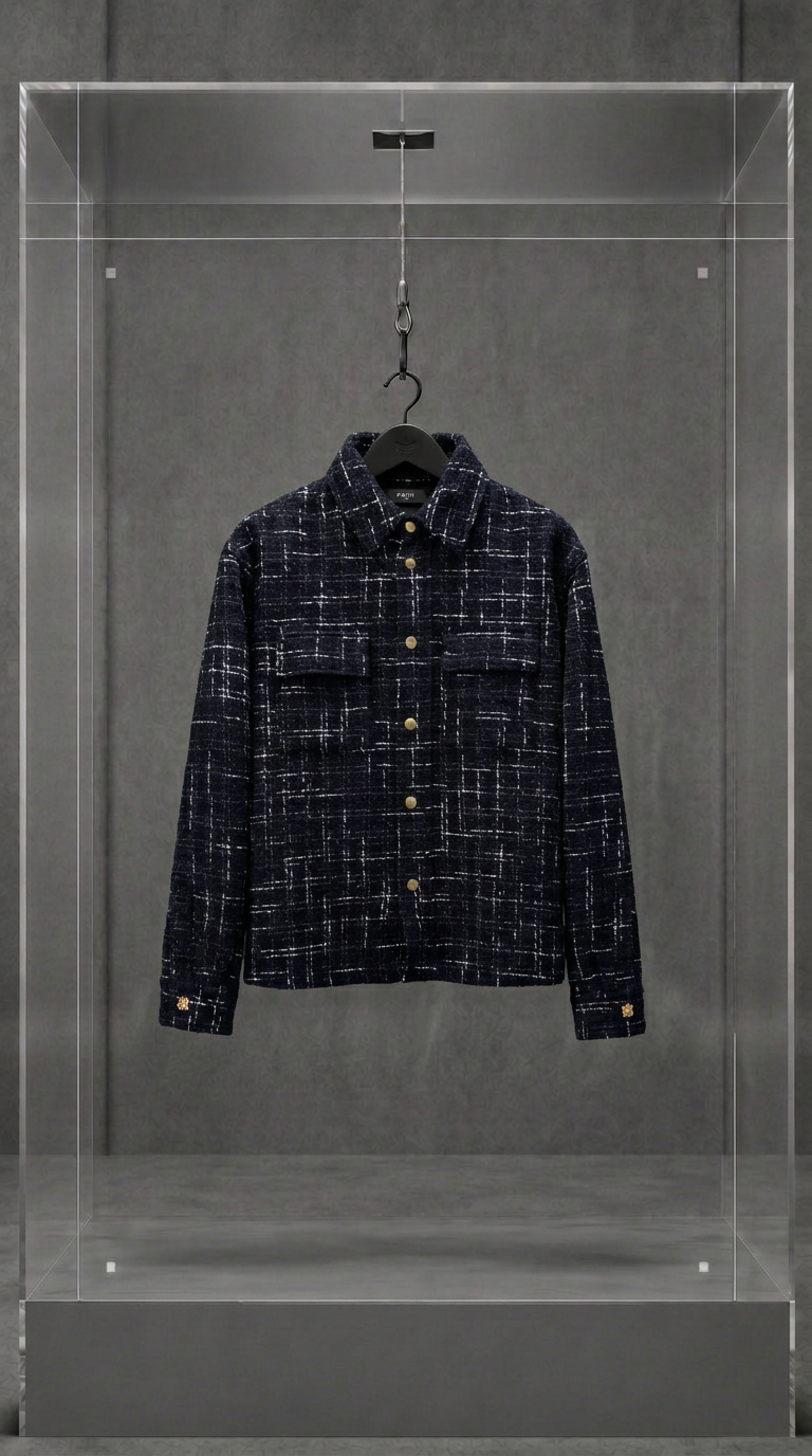 Camisa overshirt AMIRI de tweed preto com fios brancos, vista frontal, em vitrine de acrílico