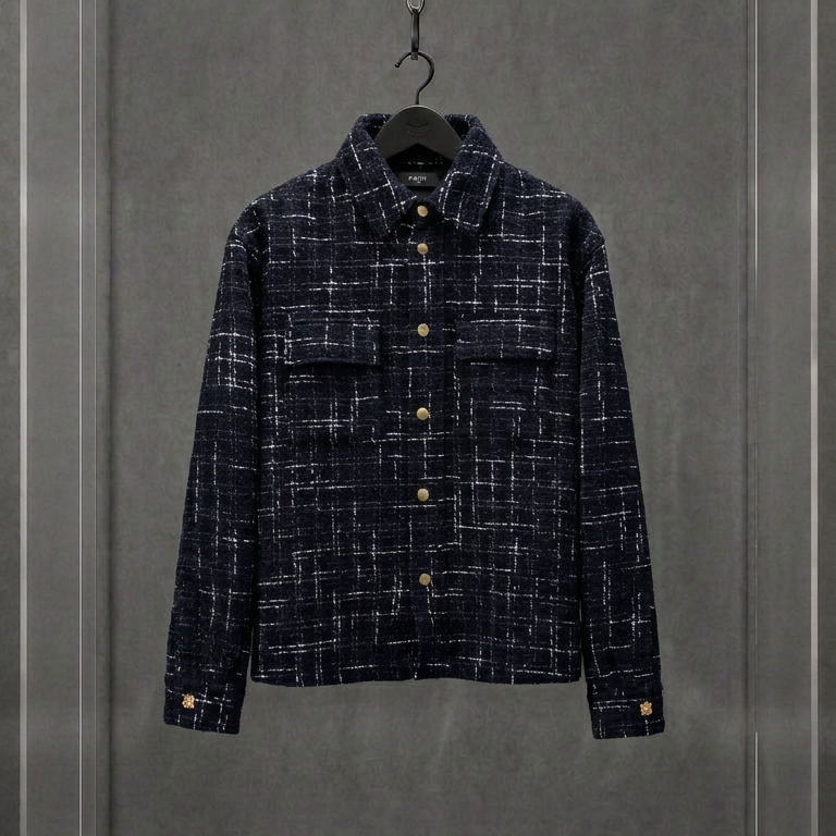 Camisa overshirt AMIRI de tweed preto com fios brancos, vista frontal, em vitrine de acrílico
