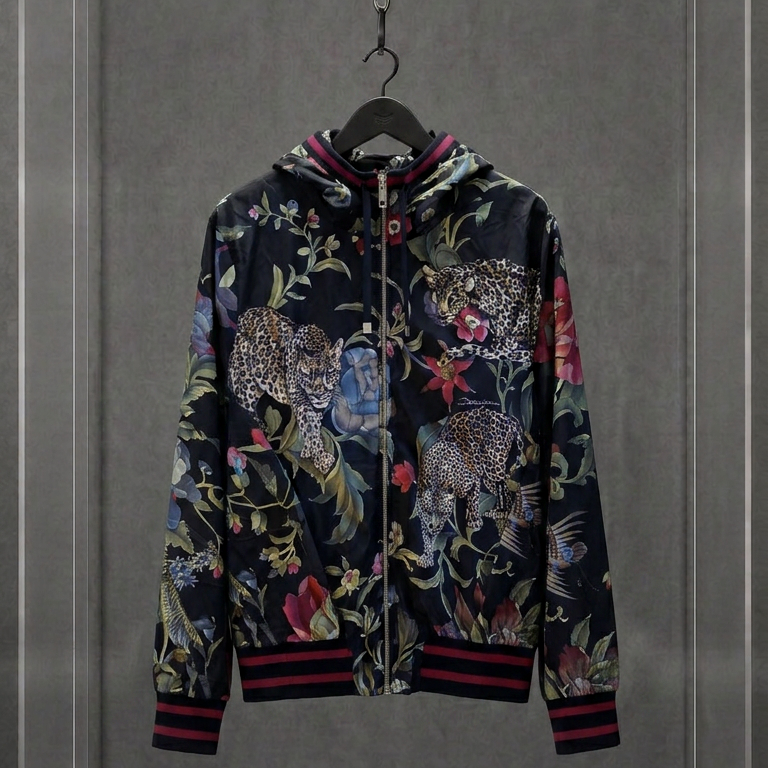 Jaqueta Dolce & Gabbana com estampa jungle de onças e flores sobre fundo escuro, em vitrine de acrílico