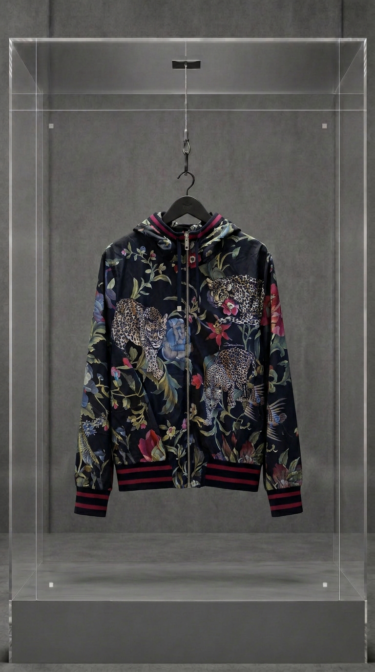 Jaqueta Dolce & Gabbana com estampa jungle de onças e flores sobre fundo escuro, em vitrine de acrílico