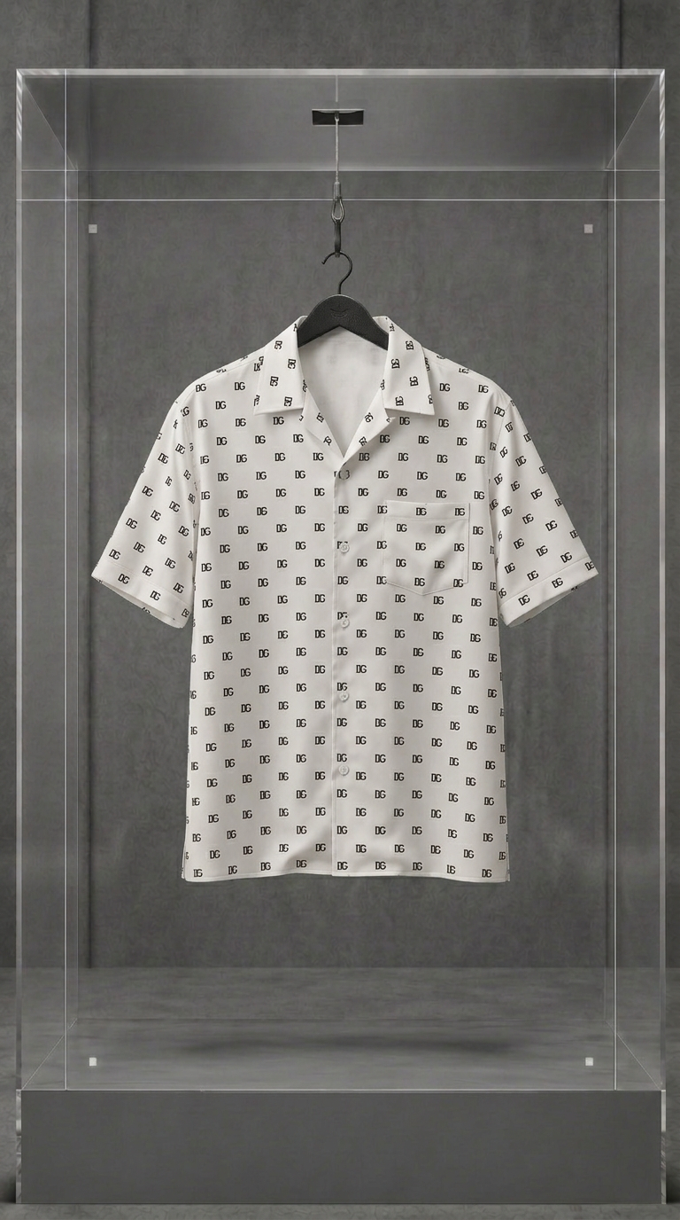 Camisa Dolce & Gabbana branca de manga curta com monograma DG preto repetido, em vitrine de acrílico