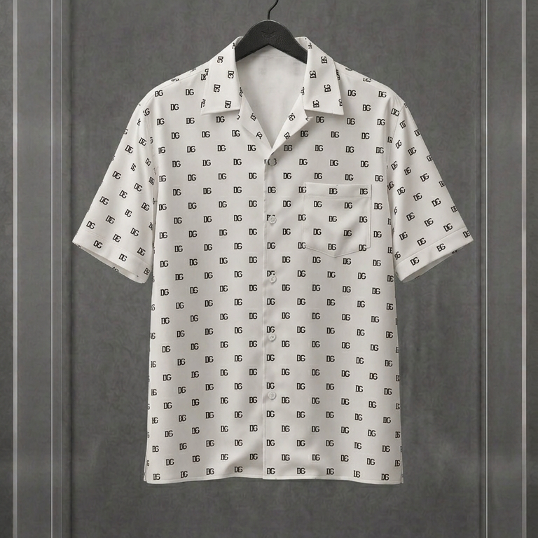 Camisa Dolce & Gabbana branca de manga curta com monograma DG preto repetido, em vitrine de acrílico