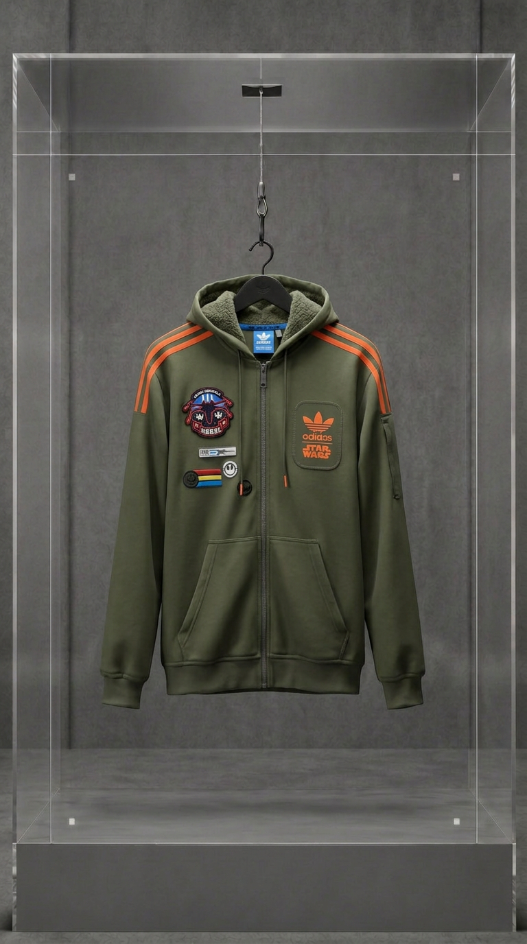 Moletom Adidas x Star Wars verde-militar com capuz, listras laranja nas mangas e patches, em vitrine