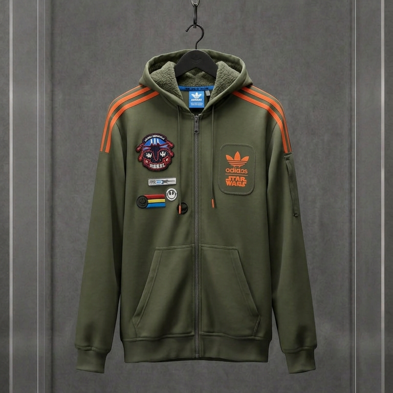 Moletom Adidas x Star Wars verde-militar com capuz, listras laranja nas mangas e patches, em vitrine