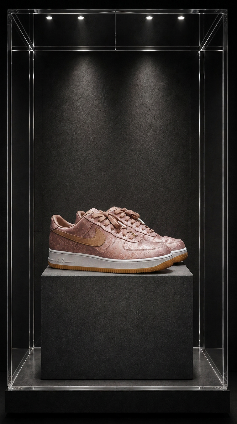 Tênis Nike Air Force 1 x CLOT Rose Gold Silk, em seda rosé com estampa jacquard, sobre pedestal em vitrine