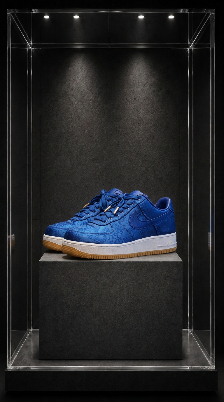 Tênis Nike Air Force 1 x CLOT Royale University Blue Silk, em seda azul com jacquard, sobre pedestal em vitrine
