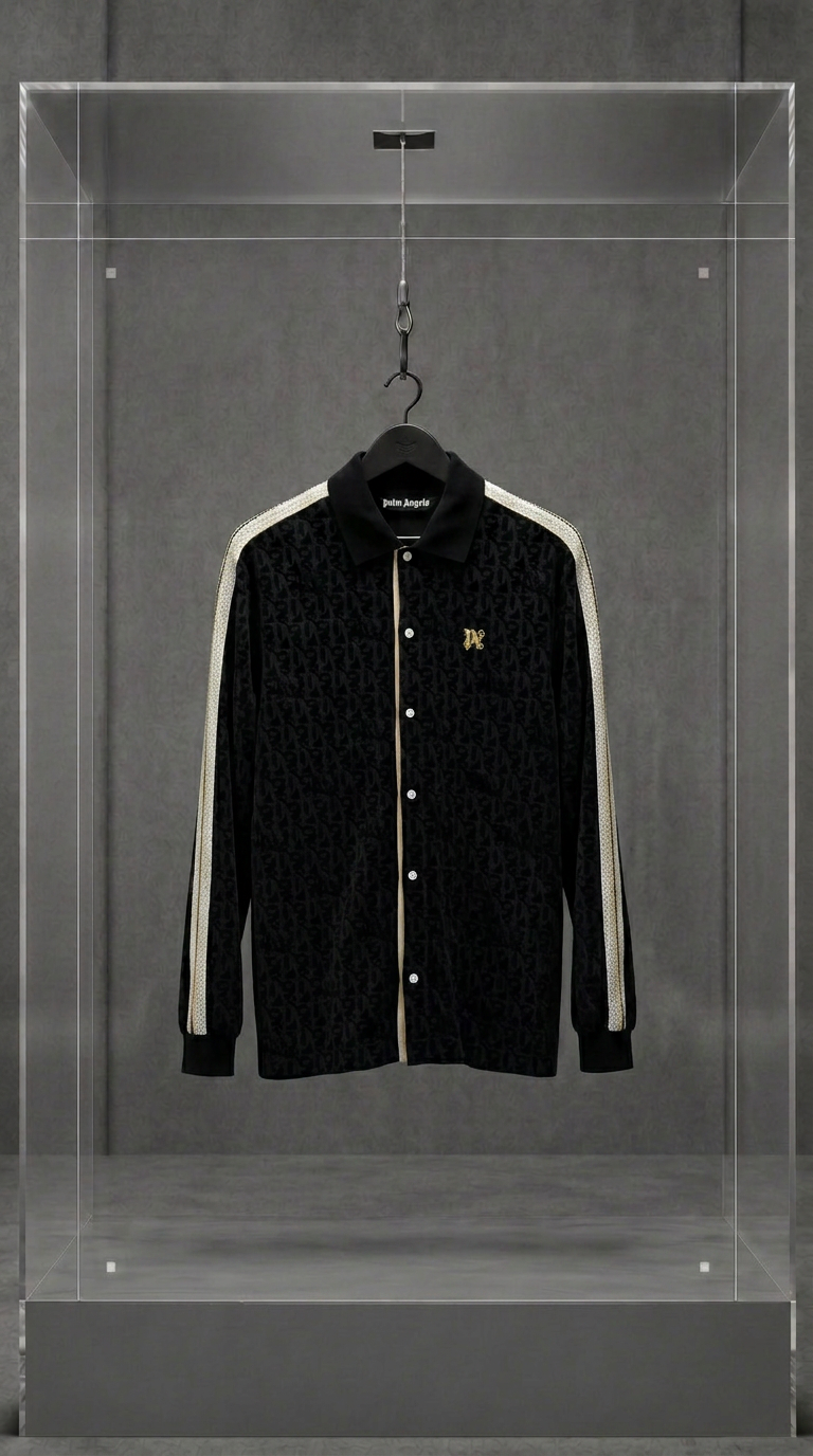 Camisa Palm Angels preta de manga longa com monograma jacquard e faixas creme nos ombros, em vitrine