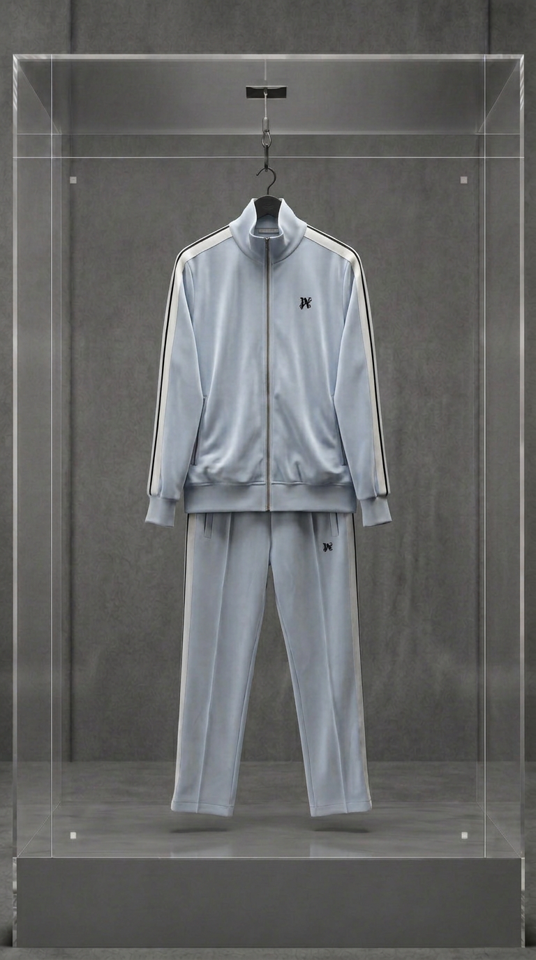 Conjunto Palm Angels track suit cinza-claro, jaqueta e calça com friso creme, em vitrine de acrílico