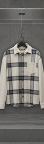 Camisa overshirt Palm Angels de flanela xadrez creme e preta, vista frontal, em vitrine de acrílico
