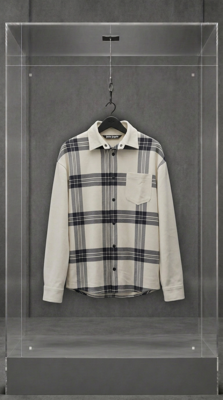 Camisa overshirt Palm Angels de flanela xadrez creme e preta, vista frontal, em vitrine de acrílico