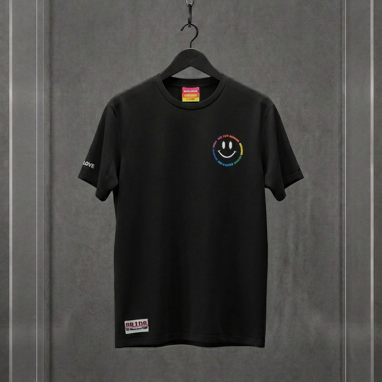 Camiseta preta Shoe Palace x Gilbert Baker com smiley bordado em arco-íris no peito, em vitrine de acrílico