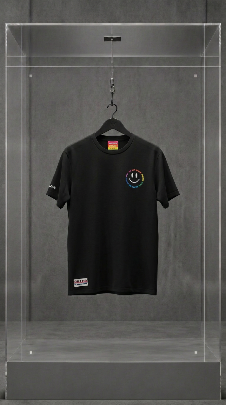 Camiseta preta Shoe Palace x Gilbert Baker com smiley bordado em arco-íris no peito, em vitrine de acrílico