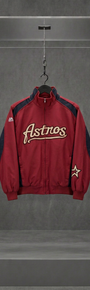 Jaqueta Houston Astros vermelha e preta com o logo Astros bordado no peito, em vitrine de acrílico