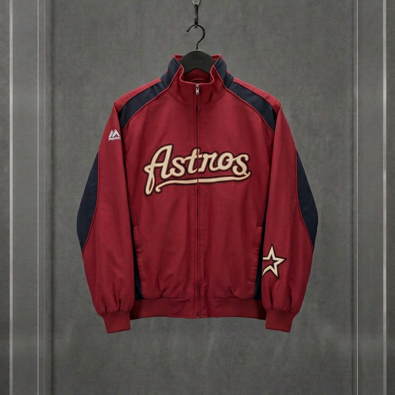 Jaqueta Houston Astros vermelha e preta com o logo Astros bordado no peito, em vitrine de acrílico