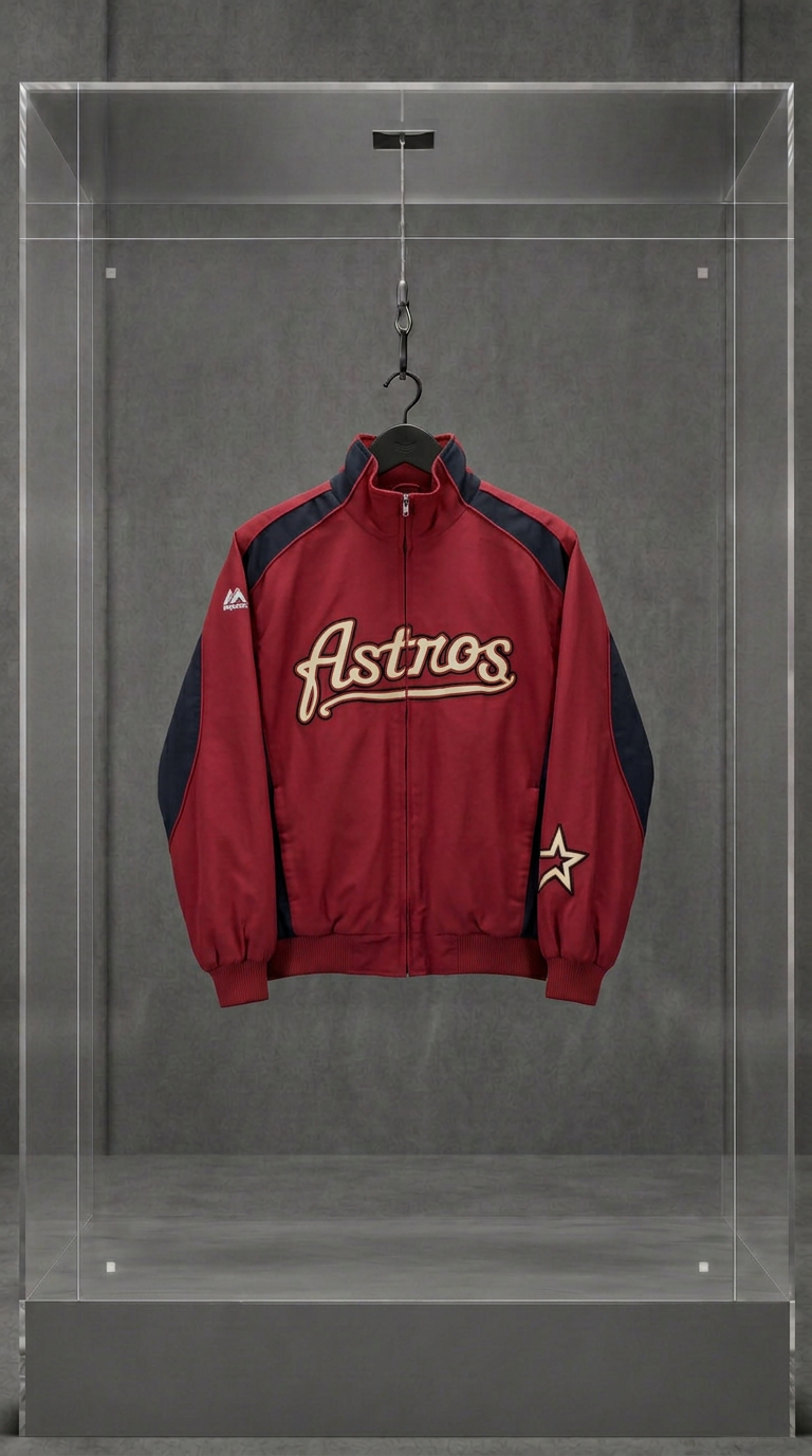 Jaqueta Houston Astros vermelha e preta com o logo Astros bordado no peito, em vitrine de acrílico