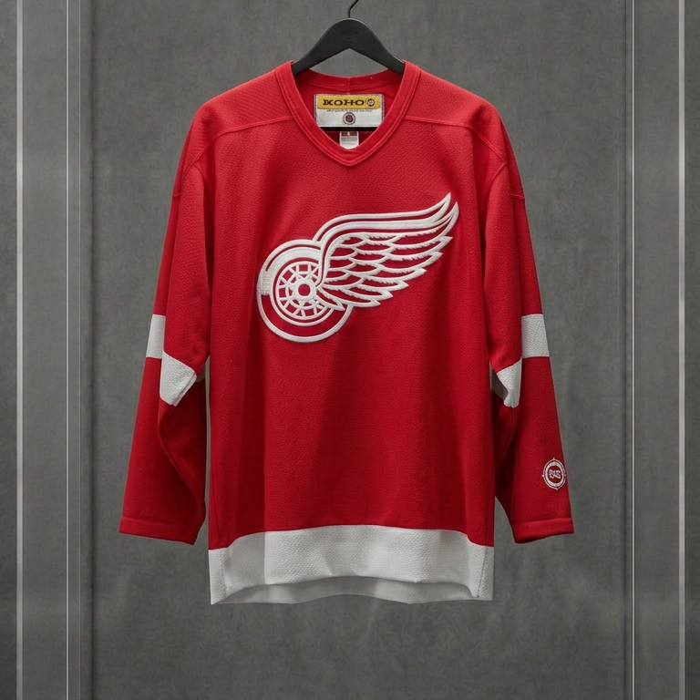 Jersey vintage Detroit Red Wings vermelha de manga longa com o logo da roda alada, em vitrine de acrílico
