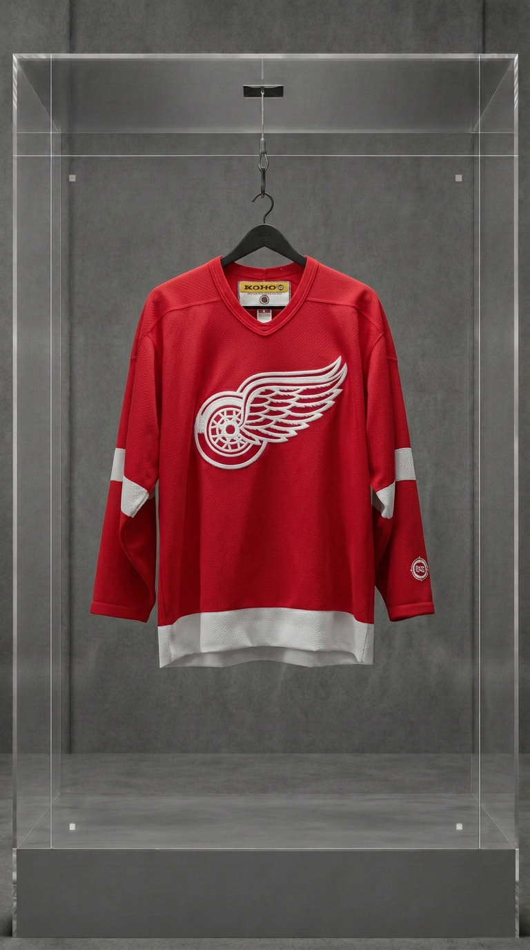 Jersey vintage Detroit Red Wings vermelha de manga longa com o logo da roda alada, em vitrine de acrílico