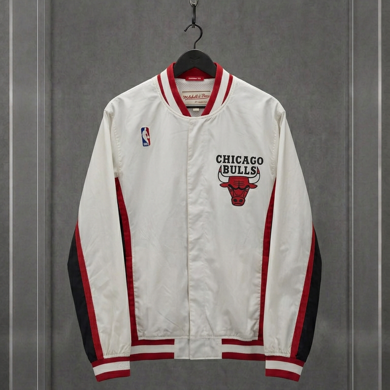 Jaqueta de aquecimento Chicago Bulls 1992-93 branca com detalhes vermelhos e o touro bordado, em vitrine