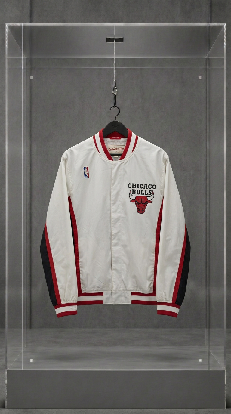 Jaqueta de aquecimento Chicago Bulls 1992-93 branca com detalhes vermelhos e o touro bordado, em vitrine