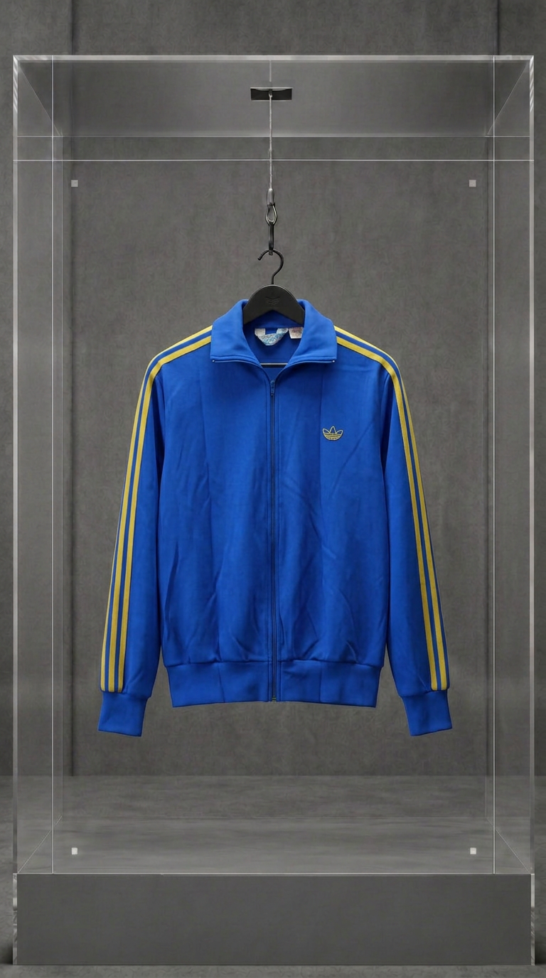 Jaqueta Adidas Trefoil vintage azul com listras amarelas nas mangas, gola alta, em vitrine de acrílico