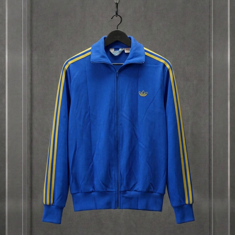 Jaqueta Adidas Trefoil vintage azul com listras amarelas nas mangas, gola alta, em vitrine de acrílico