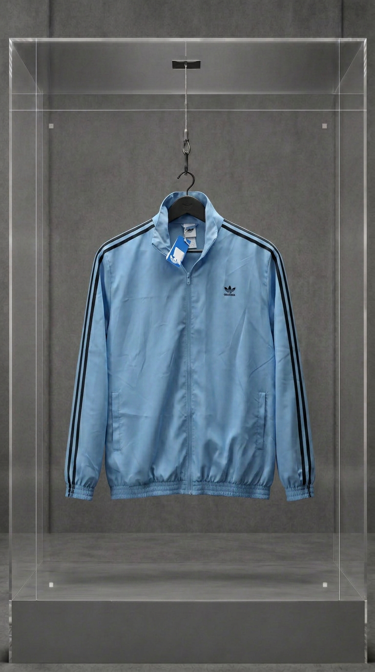 Jaqueta Adidas Originals Fifty-One azul-clara com três listras escuras nas mangas, em vitrine de acrílico