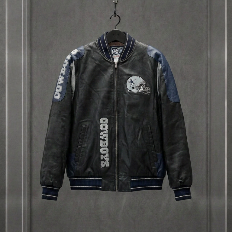 Jaqueta bomber Dallas Cowboys de couro preto com capacete do time bordado, em vitrine de acrílico