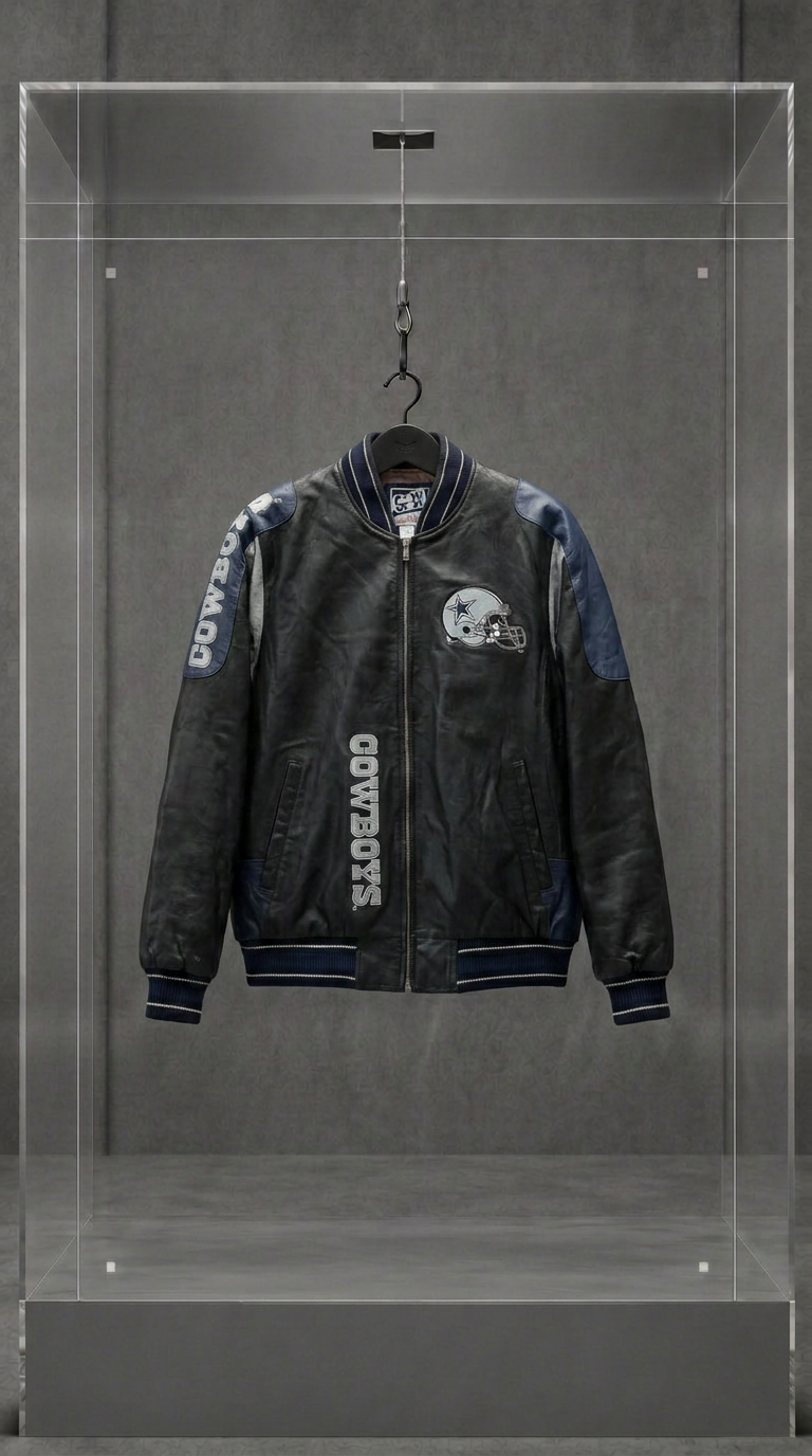 Jaqueta bomber Dallas Cowboys de couro preto com capacete do time bordado, em vitrine de acrílico
