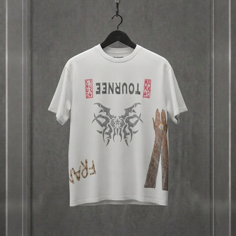 Camiseta branca Travis Scott Utopia da turnê Circus Maximus, com estampa gráfica no peito, em vitrine