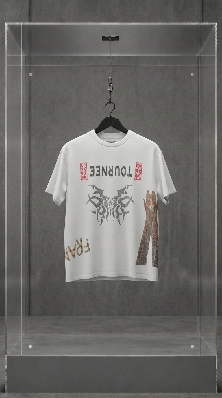 Camiseta branca Travis Scott Utopia da turnê Circus Maximus, com estampa gráfica no peito, em vitrine