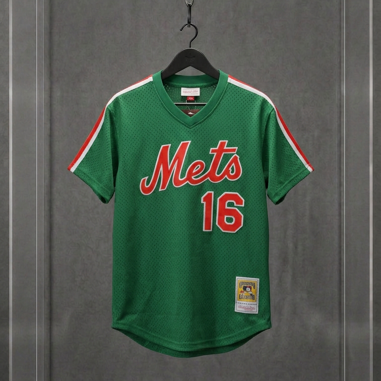 Jersey New York Mets verde de Dwight Gooden número 16, da Cooperstown Collection, em vitrine de acrílico