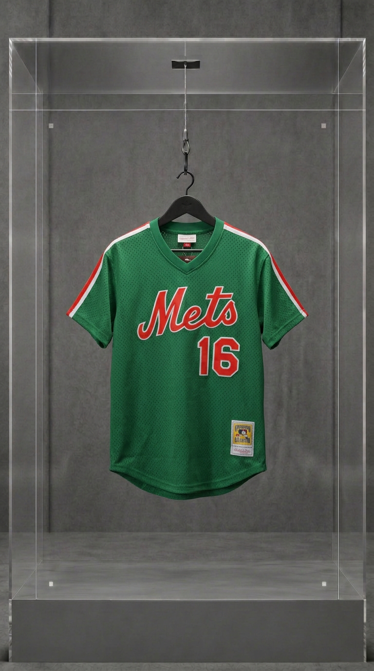 Jersey New York Mets verde de Dwight Gooden número 16, da Cooperstown Collection, em vitrine de acrílico