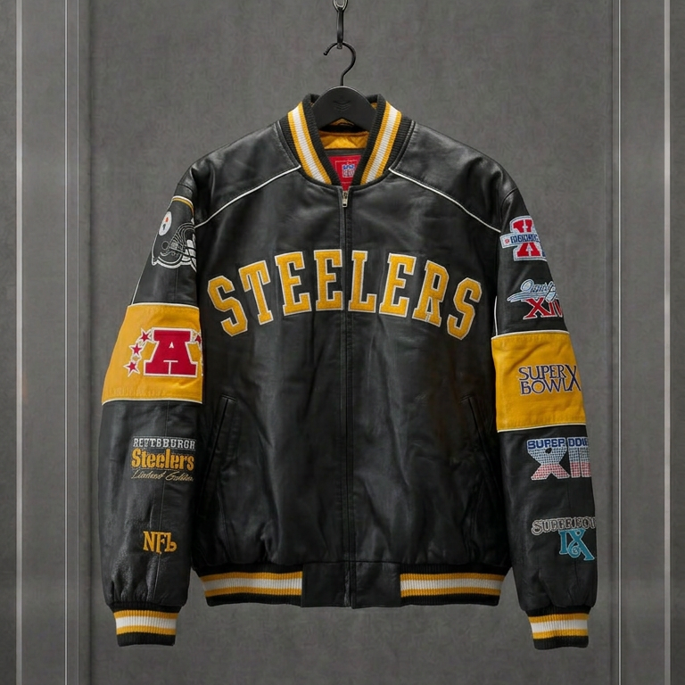 Jaqueta Pittsburgh Steelers de couro preto e amarelo com patches de Super Bowl, em vitrine de acrílico