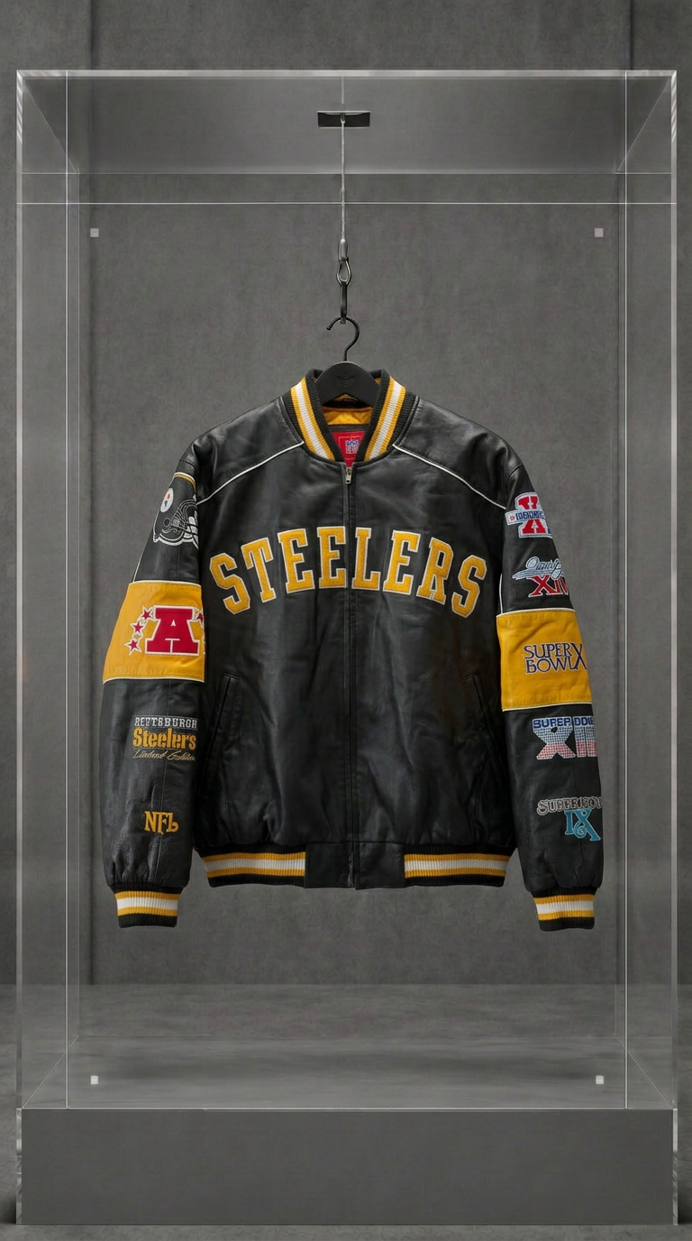 Jaqueta Pittsburgh Steelers de couro preto e amarelo com patches de Super Bowl, em vitrine de acrílico