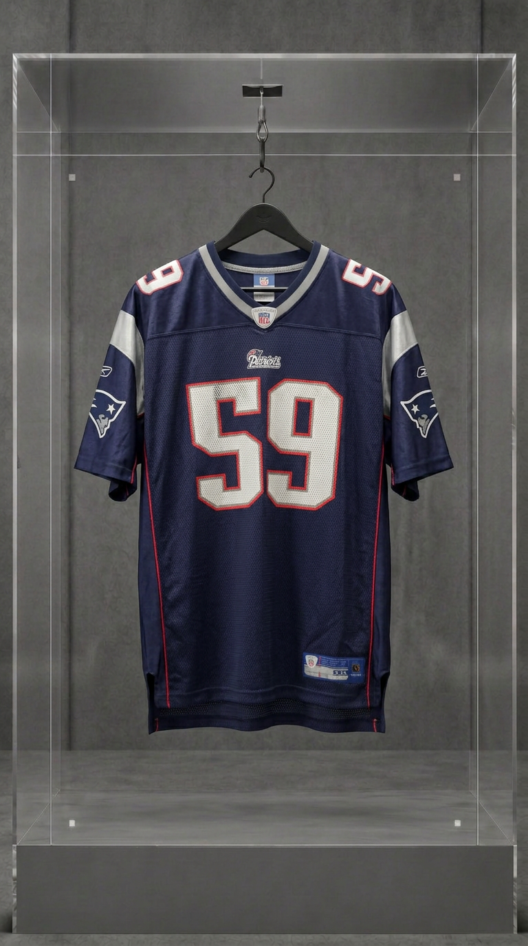 Jersey New England Patriots azul-marinho de Roosevelt Colvin número 59, em vitrine de acrílico