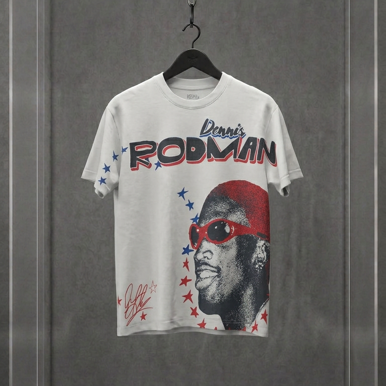 Camiseta branca Dennis Rodman Big Face com o rosto do jogador estampado em vermelho, em vitrine