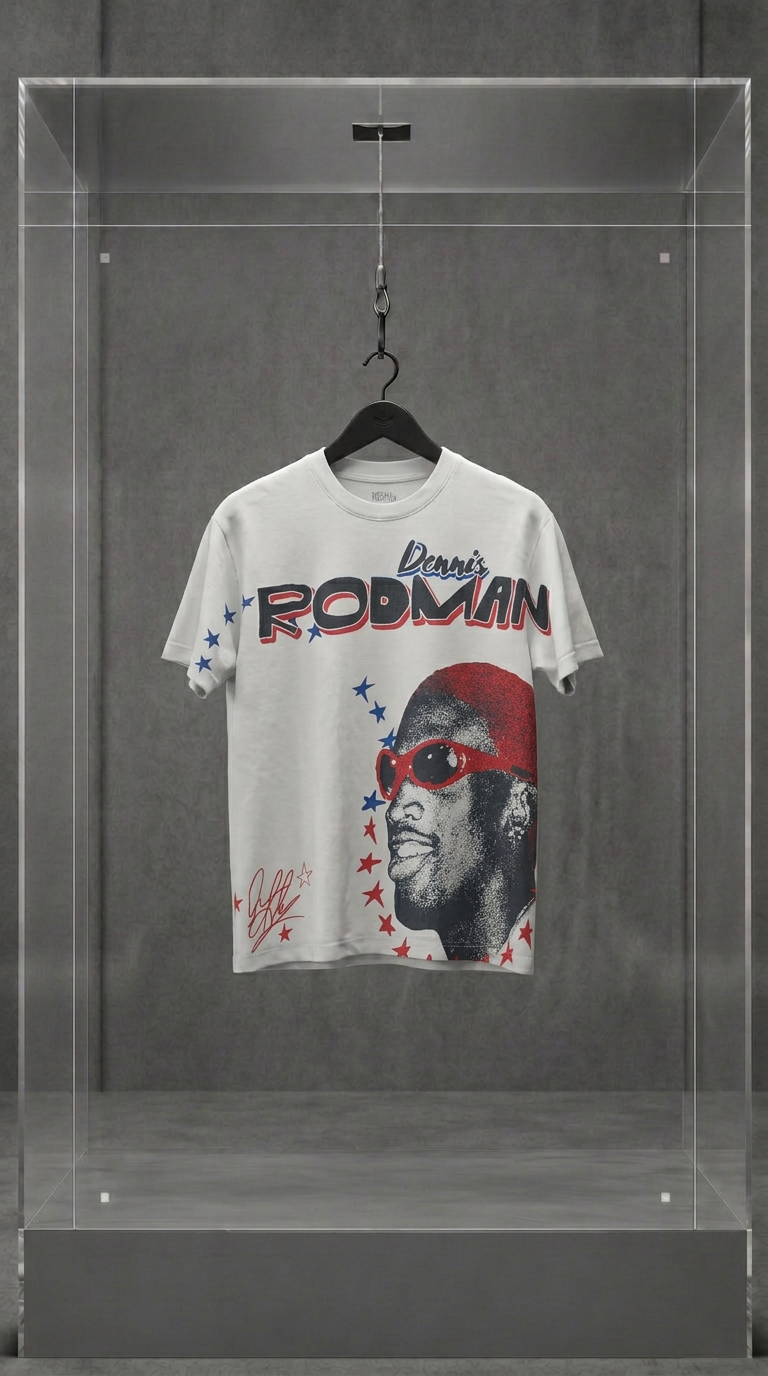 Camiseta branca Dennis Rodman Big Face com o rosto do jogador estampado em vermelho, em vitrine