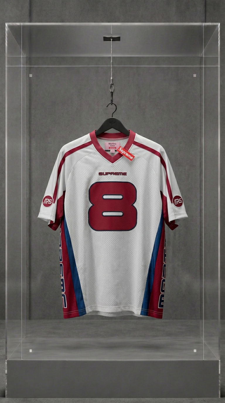 Jersey Supreme x Martine Rose branca de futebol com o número 8 vermelho, em vitrine de acrílico