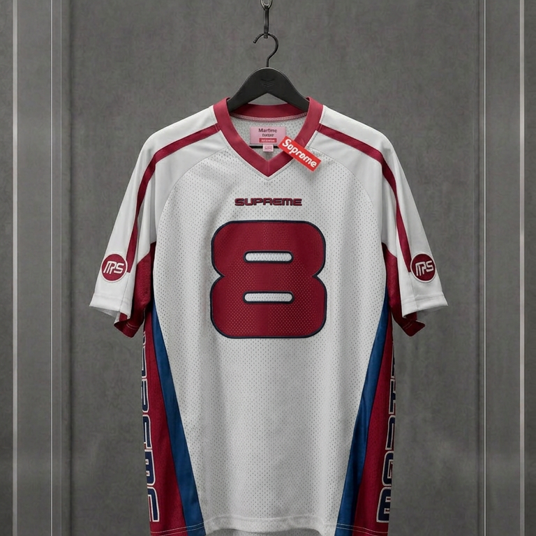 Jersey Supreme x Martine Rose branca de futebol com o número 8 vermelho, em vitrine de acrílico