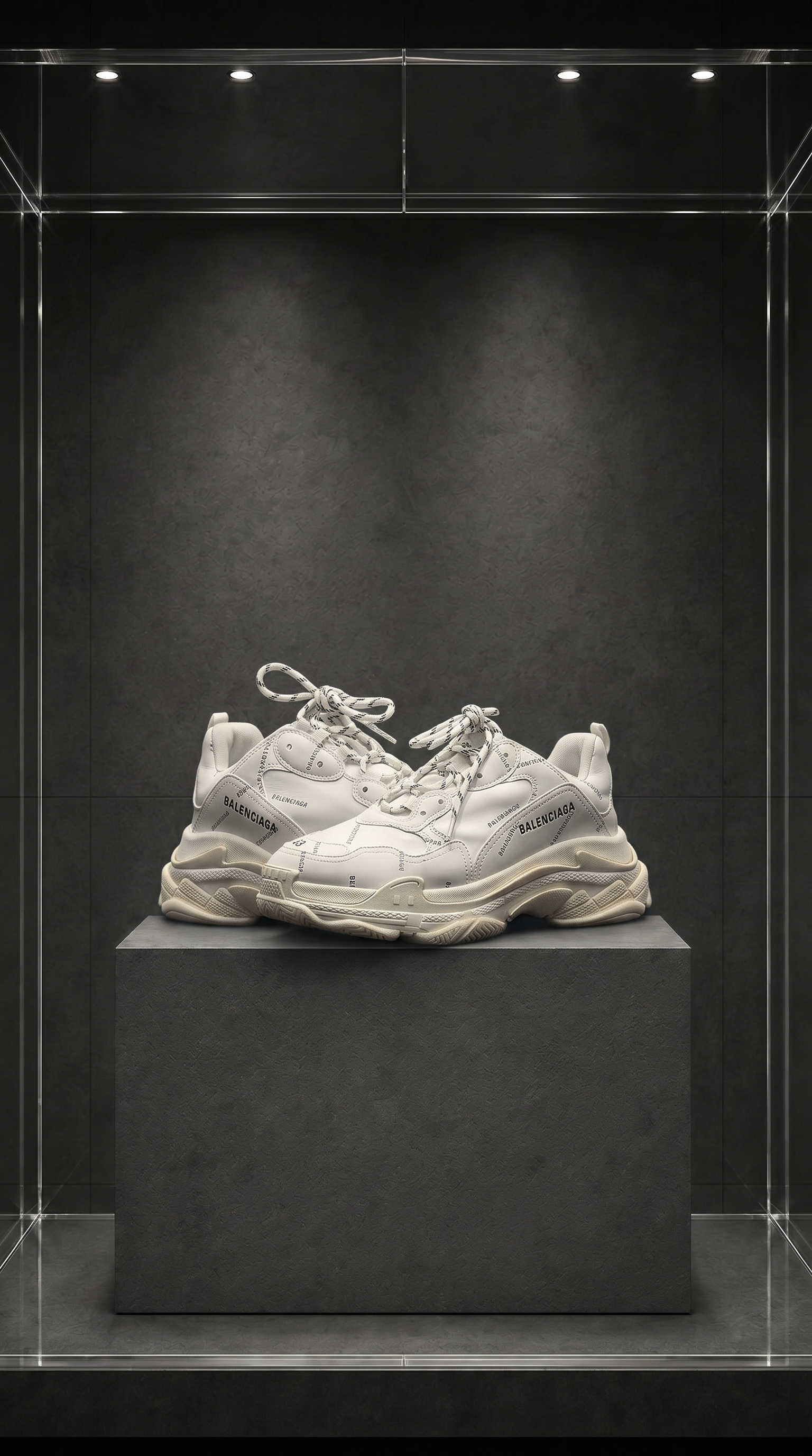 Tênis Balenciaga Triple S branco sobre pedestal, em vitrine de acrílico iluminada