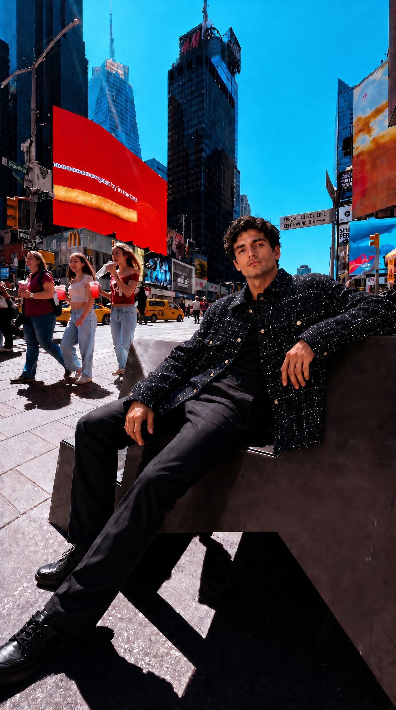 Modelo sentado em Times Square usando a overshirt aberta sobre look todo preto