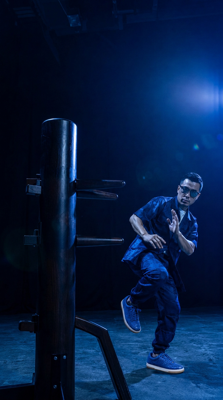 Foto de arquivo: praticante de kung fu treinando em boneco de madeira, usando o par azul